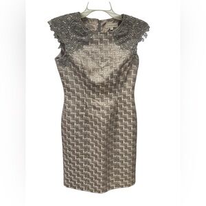 Katherine Kelly Gray Lace Cap Sleeve Sheath Dress Size 4 NWOT